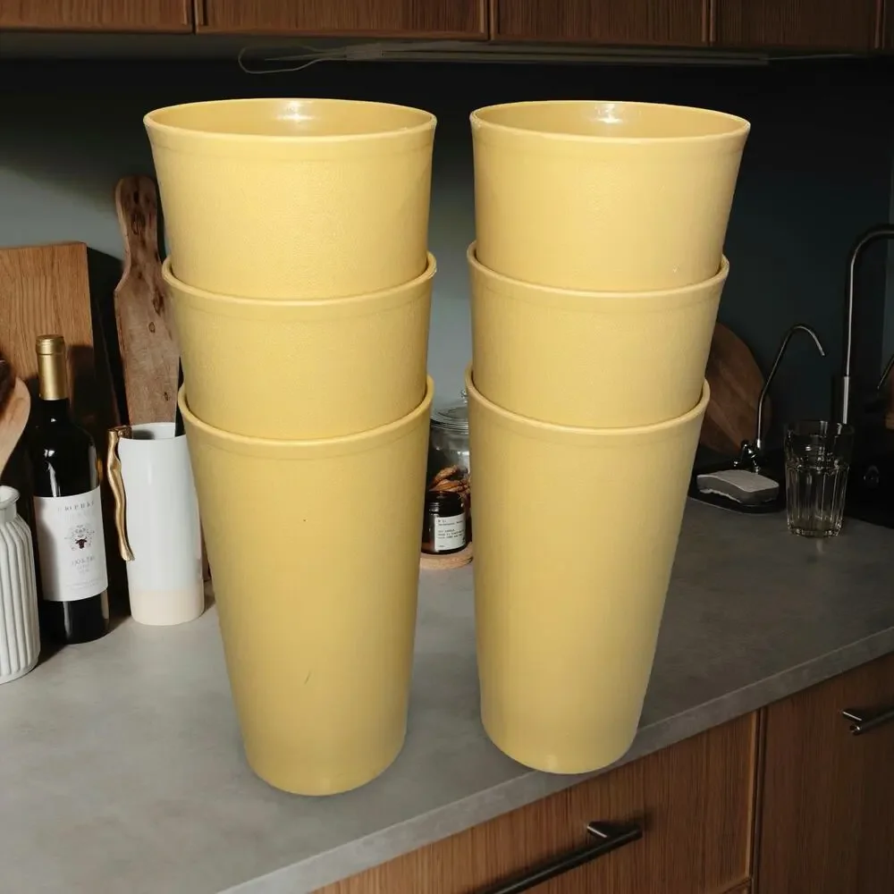 Tupperware 873 Tumbler Cups Lot 6 Harvest Gold 12oz Textured 70s Retro Vintage
